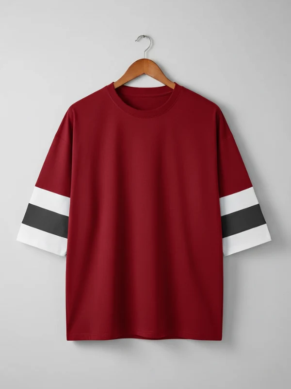 Men Colorblock Oversized Round Neck T-Shirt RedColor