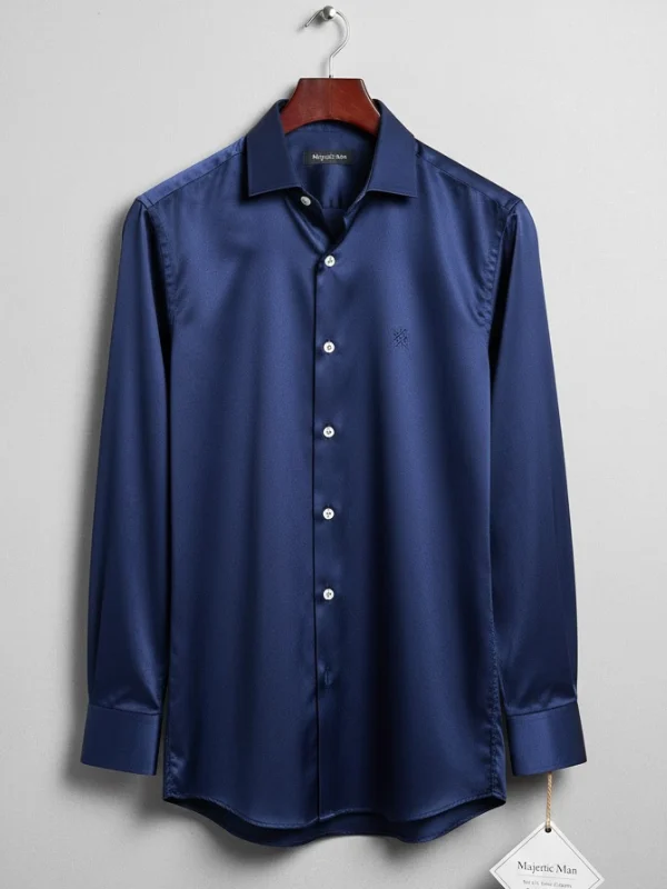 Men Navy Blue Satin Finish Slim Fit Formal Shirt