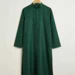 Men Solid Cotton Blend Straight Kurta Green Color