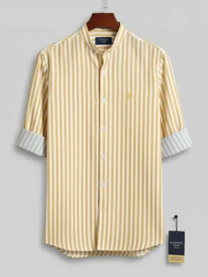 Men Striped Mandarin Collar Cotton Blend Casual Shirt Yellow Color