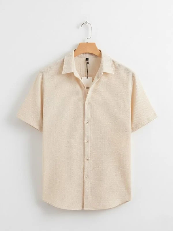 Men Textured Weave Casual Long Sleeve Shirt Color Beige