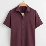 Men Textured Weave Casual Long Sleeve Shirt Color Burgundy