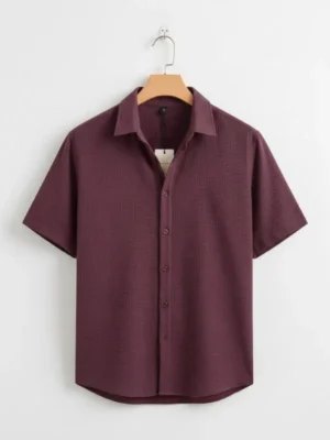 Men Textured Weave Casual Long Sleeve Shirt Color Burgundy