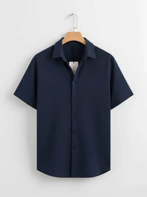 Men Textured Weave Casual Long Sleeve Shirt Color Navy Blue